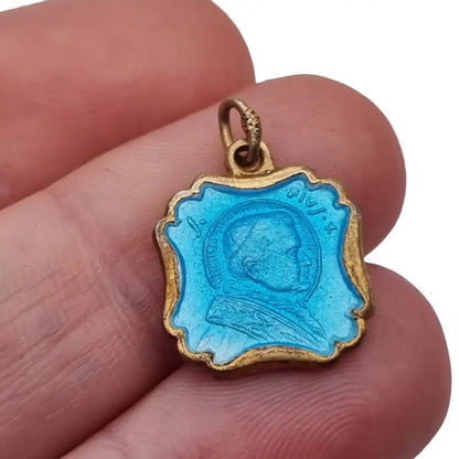 Antiguo colgante Religioso en plata de Pío X esmalte azul medalla la Virgen