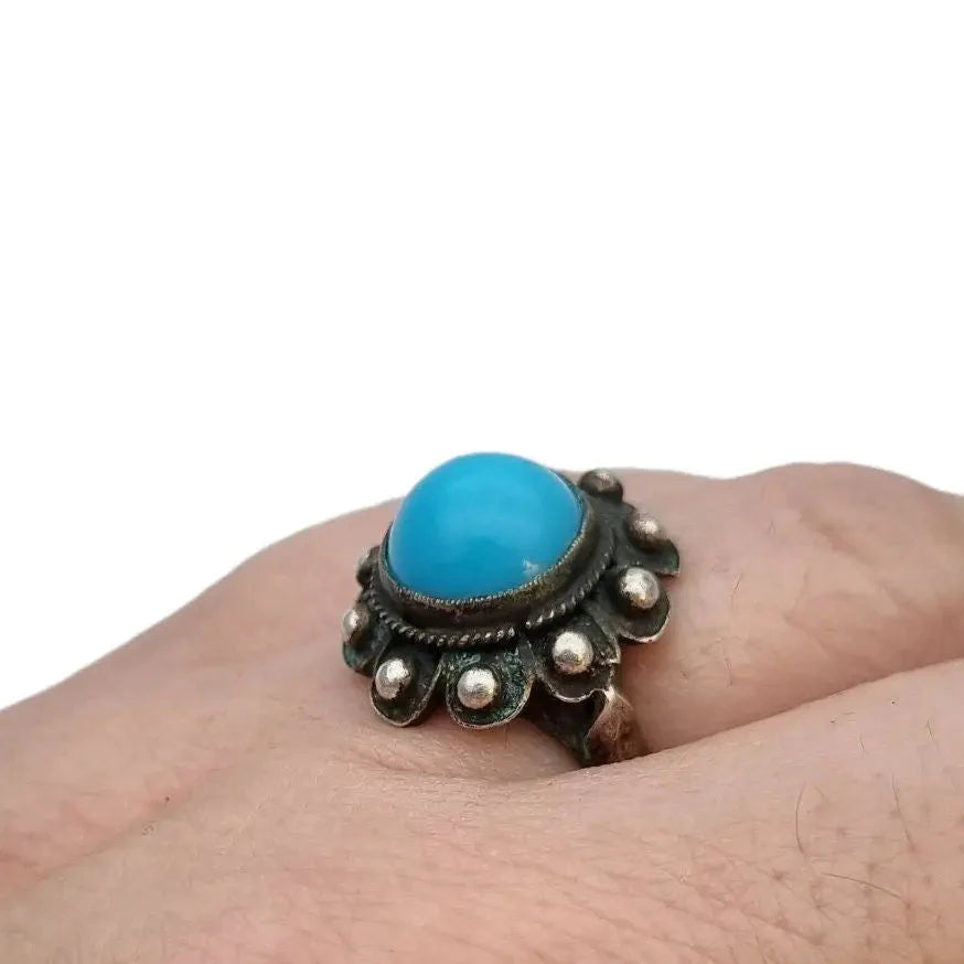 Anillo boho de plata ley y piedra azul estilo charro joyería verano