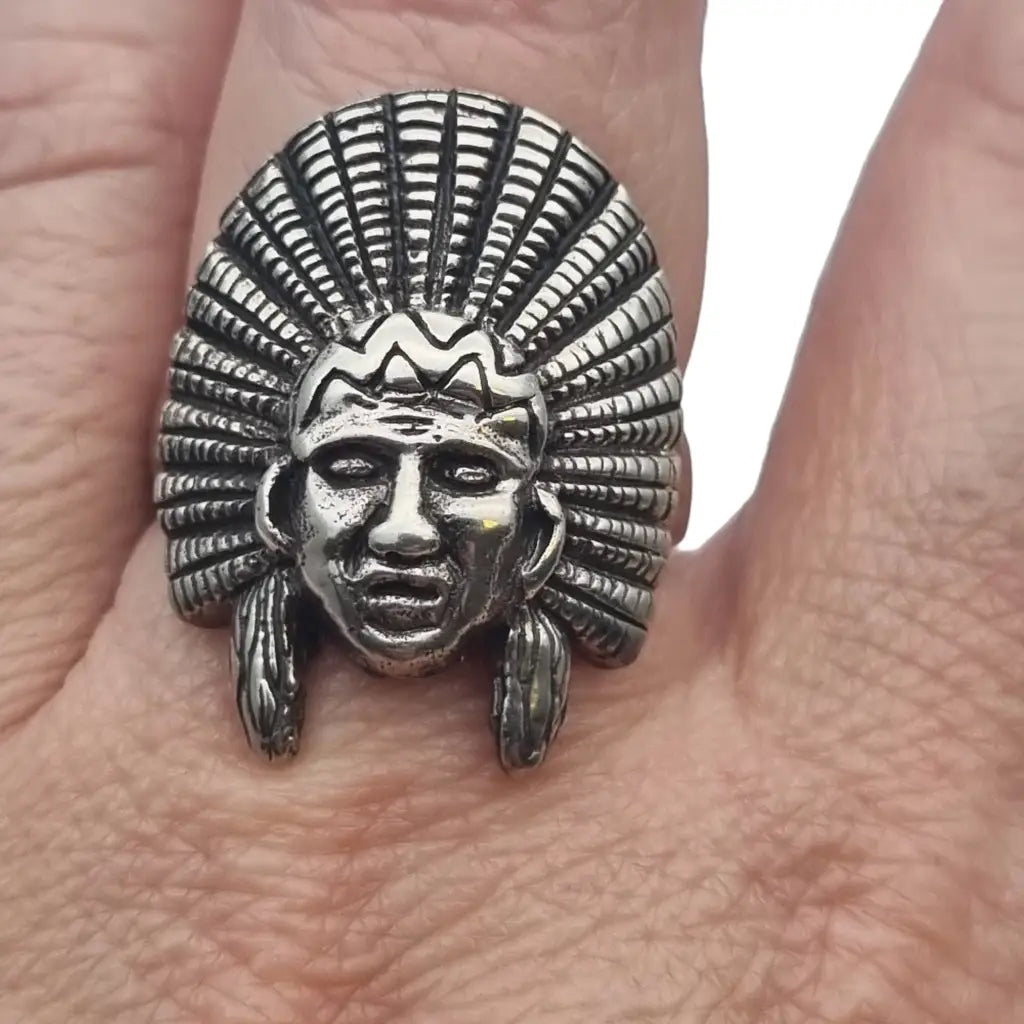 Anillo vintage de penacho indio plata 925 cabeza jefe regalo boho.