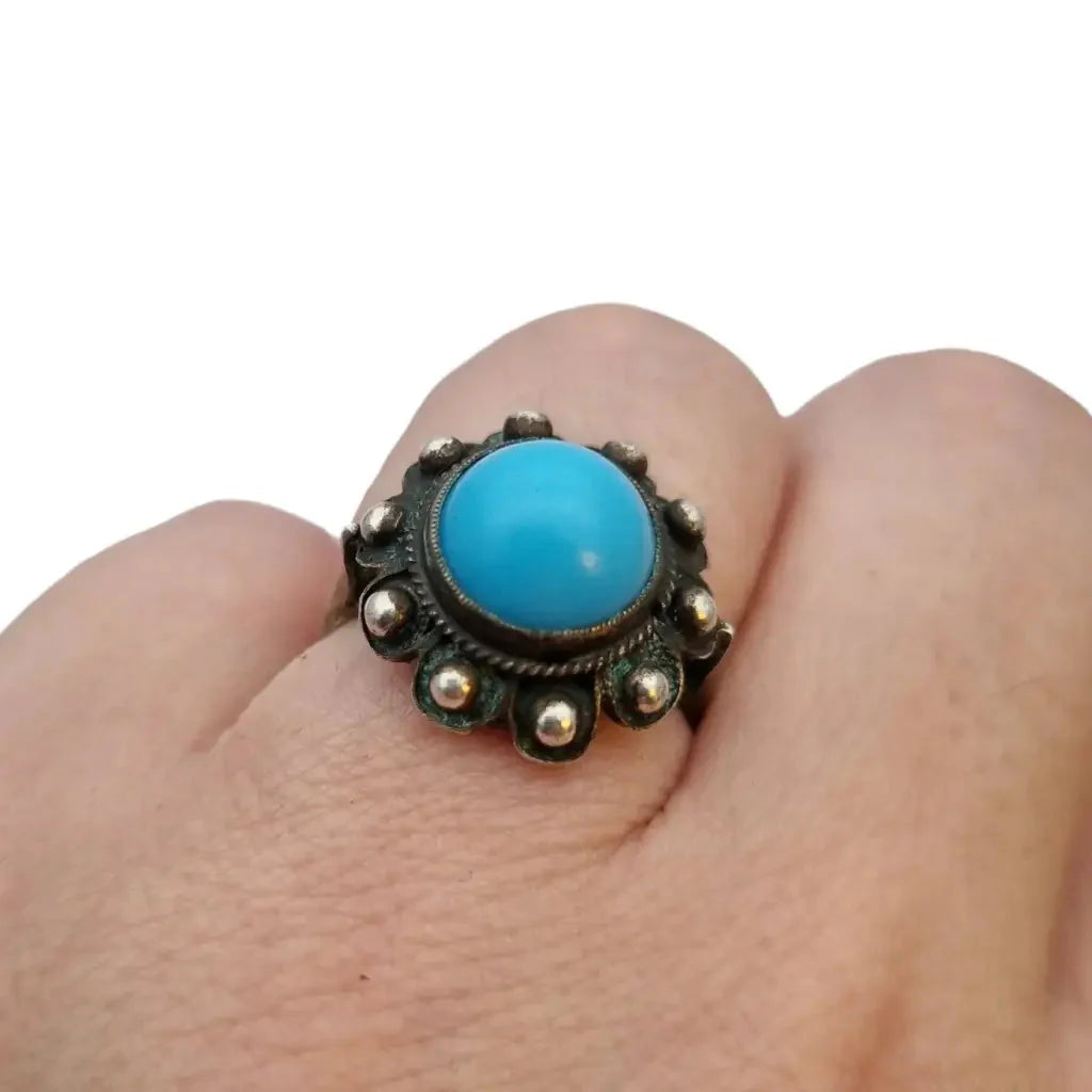 Anillo boho de plata ley y piedra azul estilo charro joyería verano