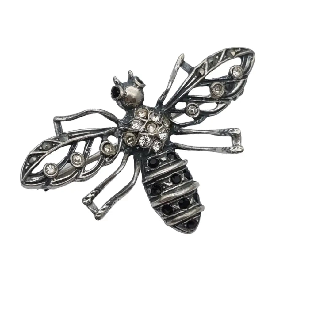 Broche de abeja plata insecto joya diamantes imitación en blanco y negro