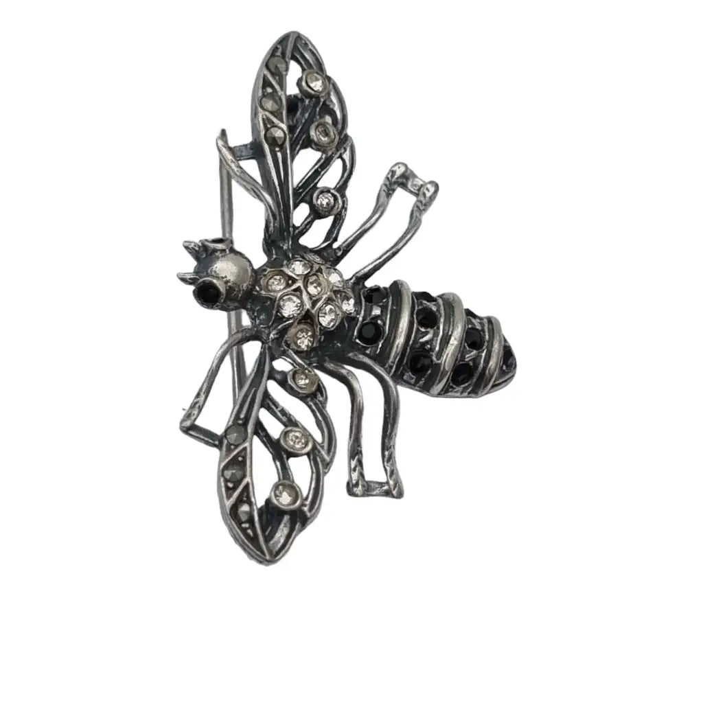 Broche de abeja plata insecto joya diamantes imitación en blanco y negro