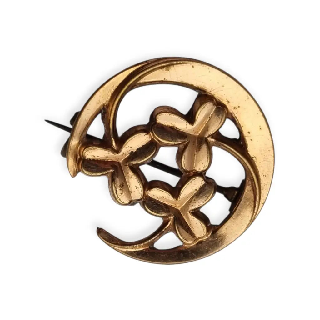 Broche antiguo art nouveau tréboles y luna creciente metal color dorado