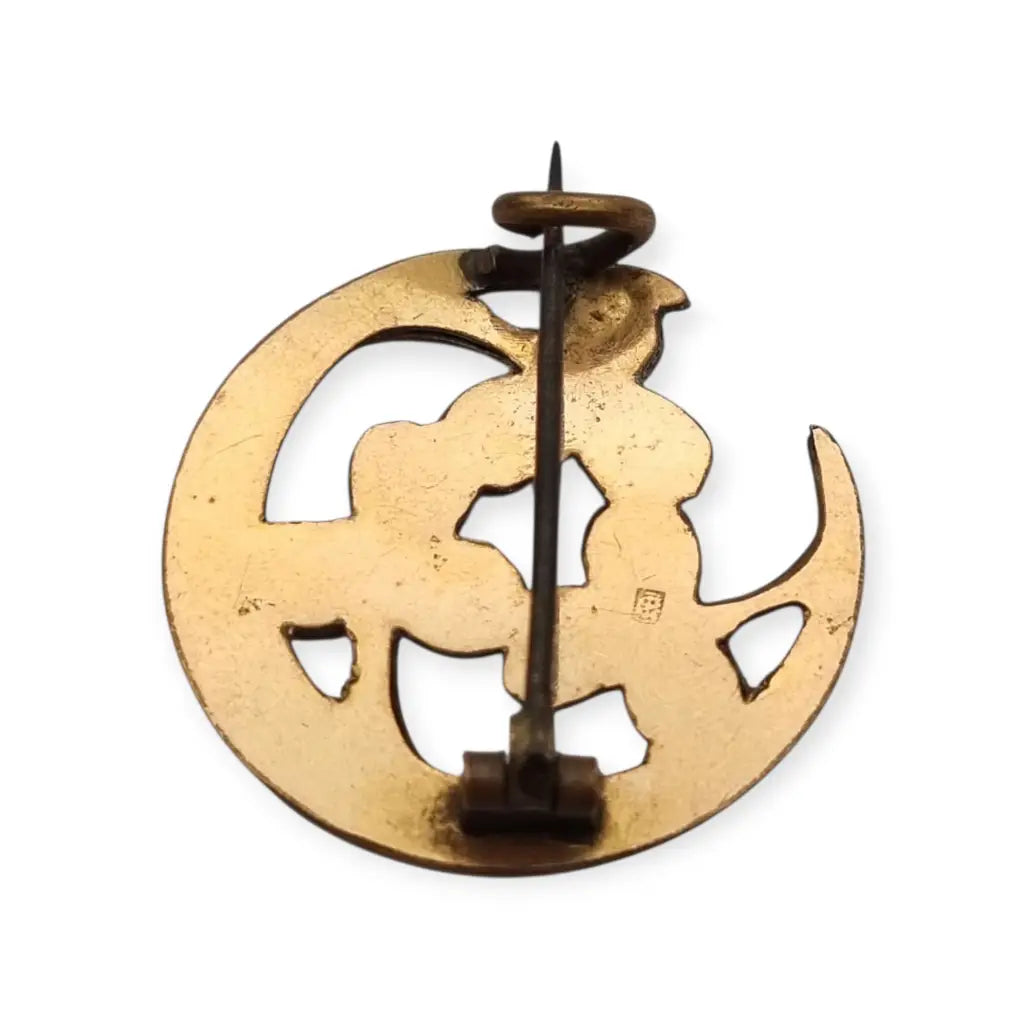 Broche antiguo art nouveau tréboles y luna creciente metal color dorado