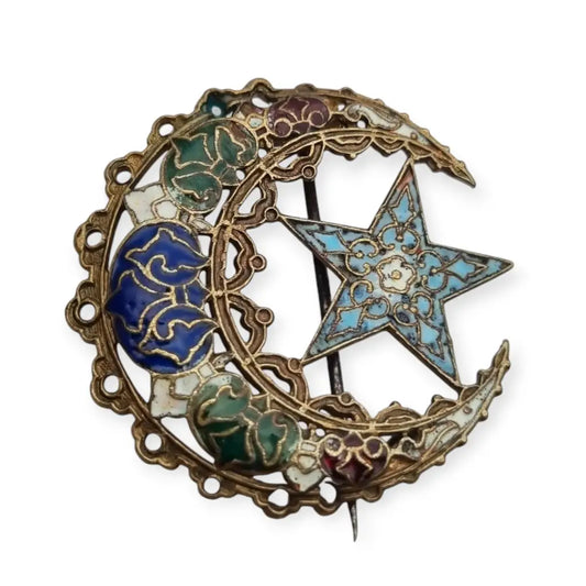 Broche antiguo de esmalte cloisonné en forma luna y estrella joya oriental.