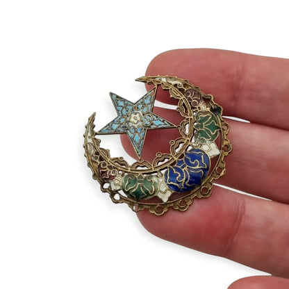 Broche antiguo de esmalte cloisonné en forma luna y estrella joya oriental.