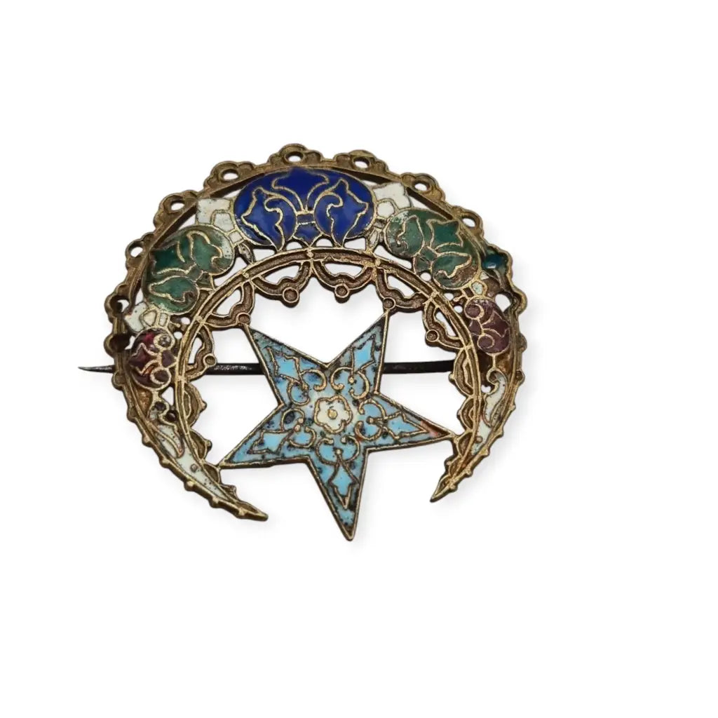 Broche antiguo de esmalte cloisonné en forma luna y estrella joya oriental.