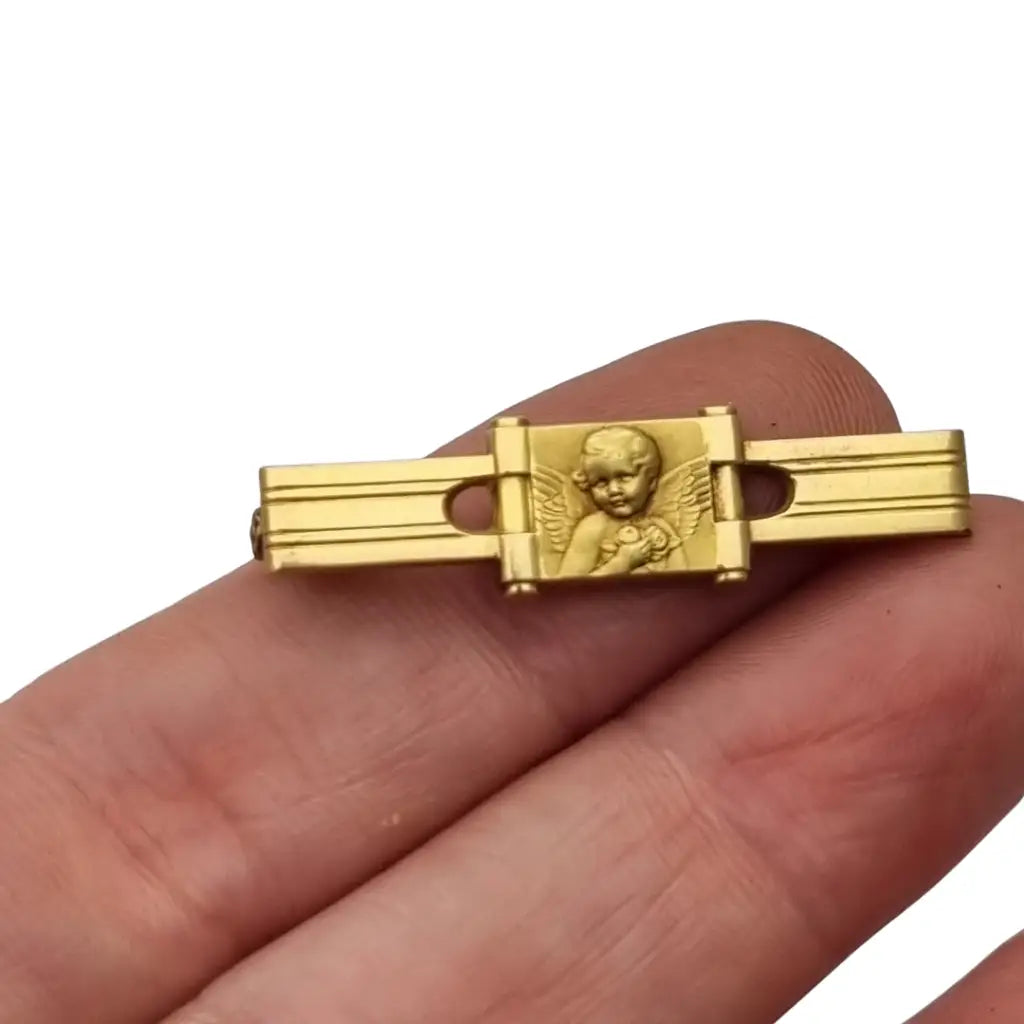 Broche antiguo FIX Art Déco francés con querubín pin de ángel oro