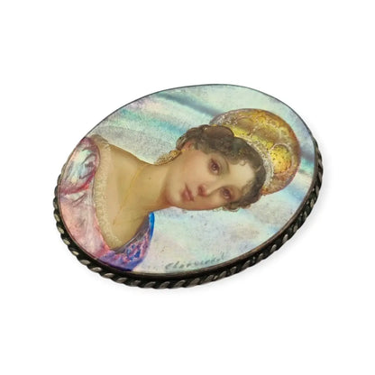 Broche antiguo con miniatura pintada a mano firmada sobre nácar estilo