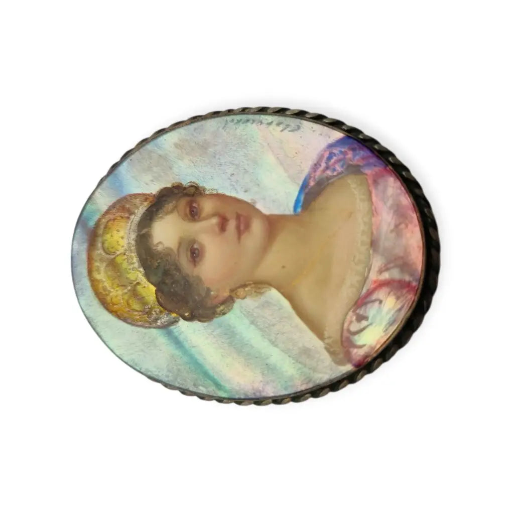 Broche antiguo con miniatura pintada a mano firmada sobre nácar estilo