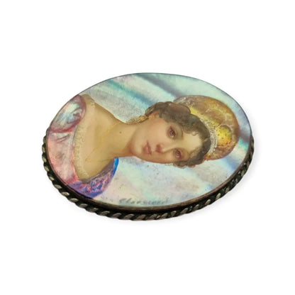 Broche antiguo con miniatura pintada a mano firmada sobre nácar estilo