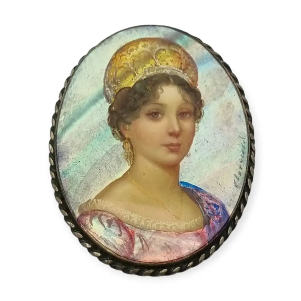 Broche antiguo con miniatura pintada a mano firmada sobre nácar estilo