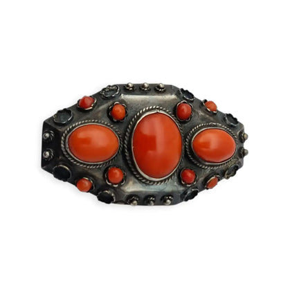 Broche antiguo de plata 800 y coral rojo natural joyería oriental circa