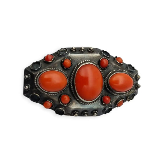Broche antiguo de plata 800 y coral rojo natural joyería oriental circa