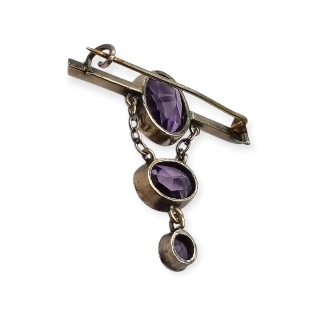 Broche antiguo de plata Art Déco con colgante color amatista para mujer circa