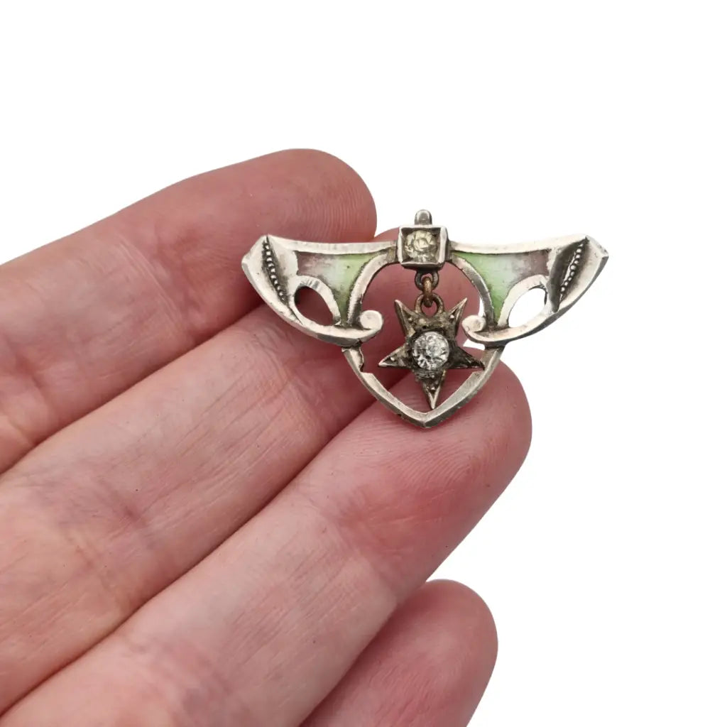 Broche antiguo de plata esmaltada modernista con estrella Art Nouveau 1920.