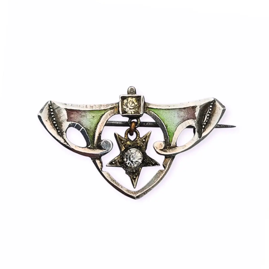 Broche antiguo de plata esmaltada modernista con estrella Art Nouveau 1920.