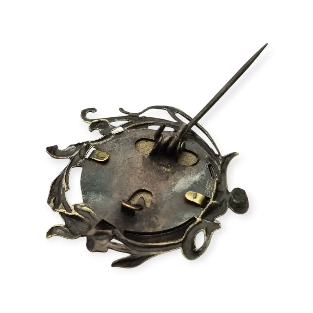 Broche antiguo tipo guardapelo Art Nouveau floral en latón dorado porta fotos