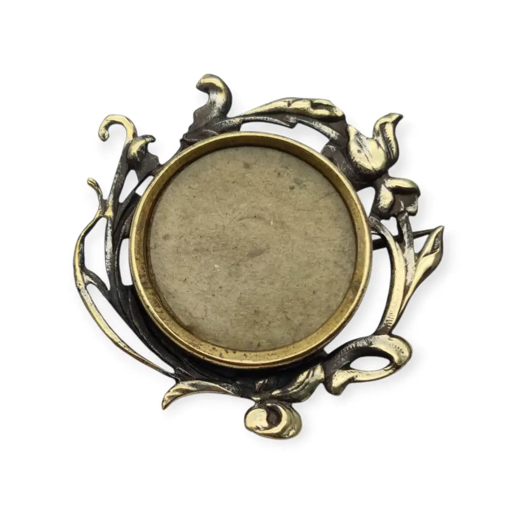 Broche antiguo tipo guardapelo Art Nouveau floral en latón dorado porta fotos