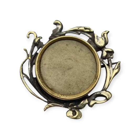Broche antiguo tipo guardapelo Art Nouveau floral en latón dorado porta fotos