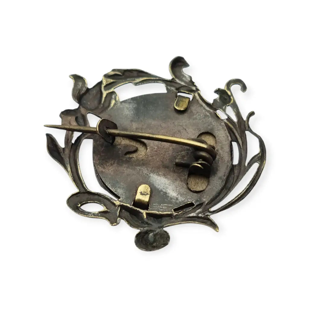 Broche antiguo tipo guardapelo Art Nouveau floral en latón dorado porta fotos
