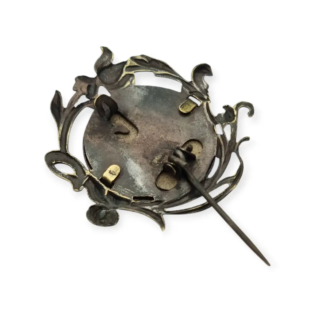 Broche antiguo tipo guardapelo Art Nouveau floral en latón dorado porta fotos