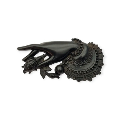 Broche antiguo victoriano en forma de mano sosteniendo flor Vulcanita Joya