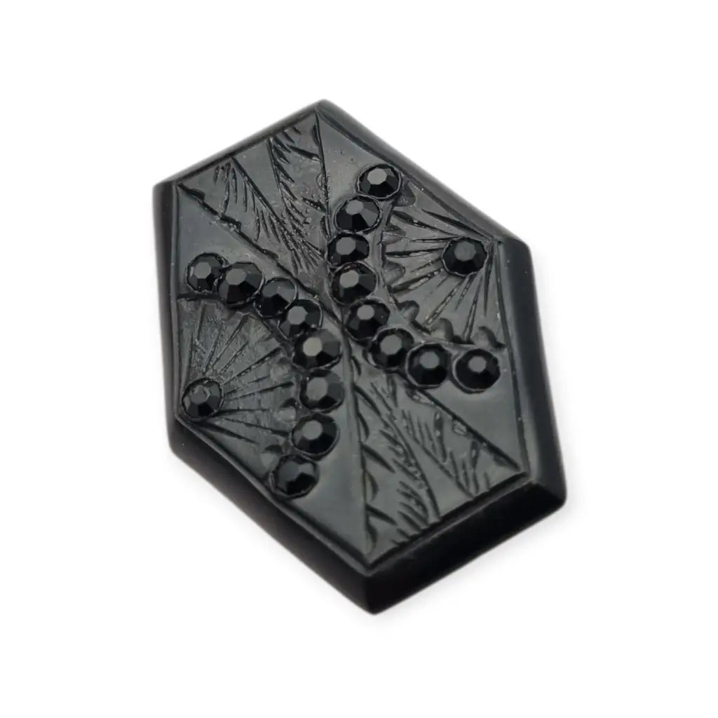 Broche art déco en baquelita negra tallada con strass forma hexagonal circa