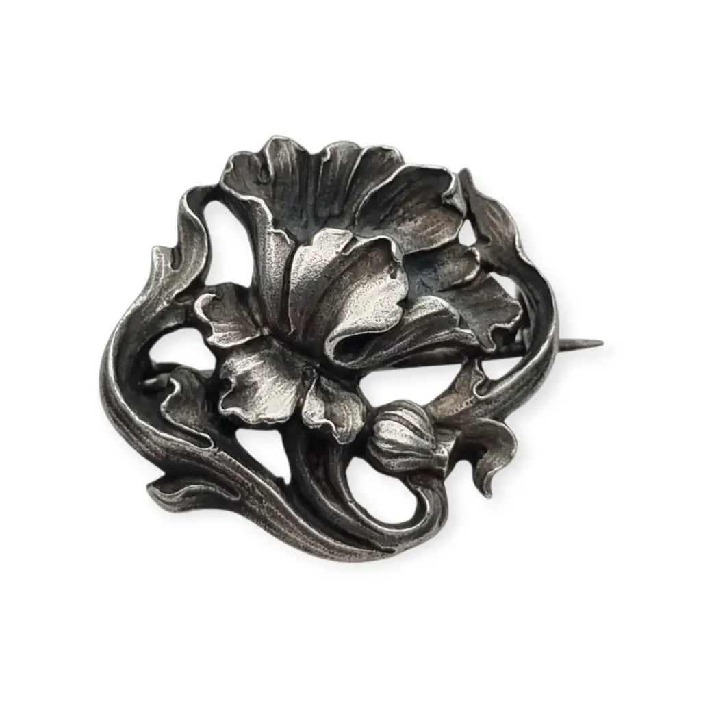 Broche Art Nouveau alemán en plata 900 GES GESCHÜTZT flor de iris relieve
