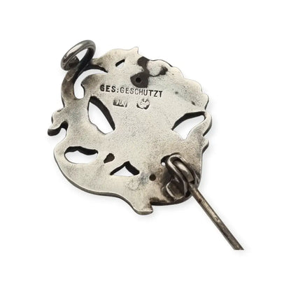 Broche Art Nouveau alemán en plata 900 GES GESCHÜTZT flor de iris relieve