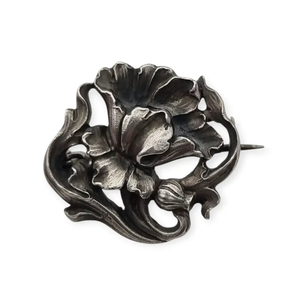 Broche Art Nouveau alemán en plata 900 GES GESCHÜTZT flor de iris relieve