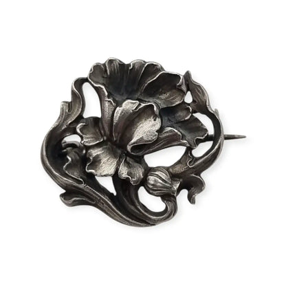 Broche Art Nouveau alemán en plata 900 GES GESCHÜTZT flor de iris relieve