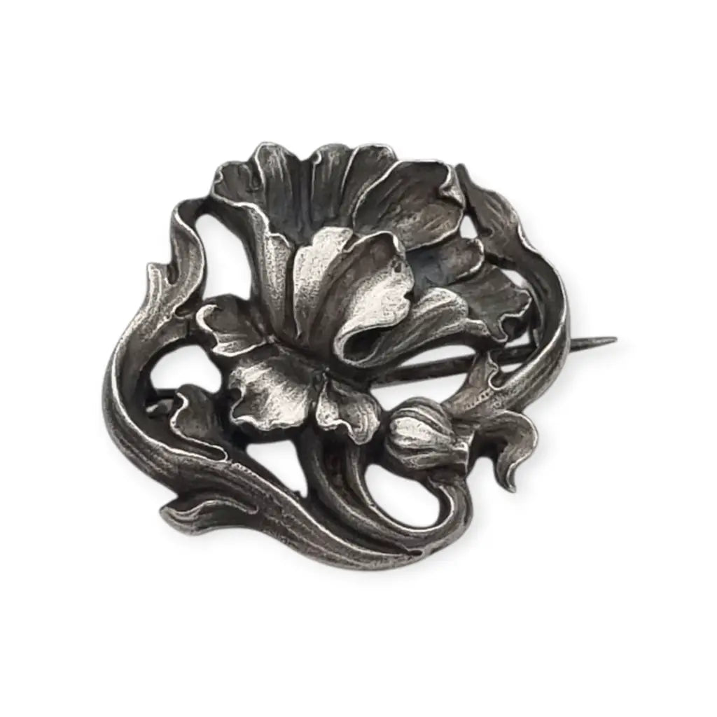 Broche Art Nouveau alemán en plata 900 GES GESCHÜTZT flor de iris relieve