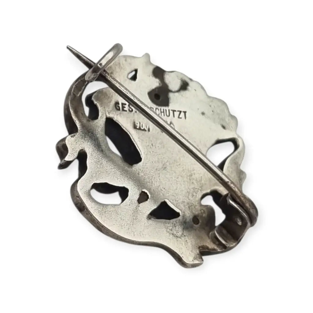 Broche Art Nouveau alemán en plata 900 GES GESCHÜTZT flor de iris relieve