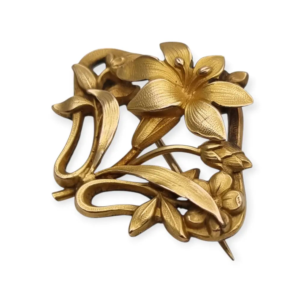 Broche Art Nouveau años 1910‑20 en metal dorado motivo floral. - LaBizarreSusu