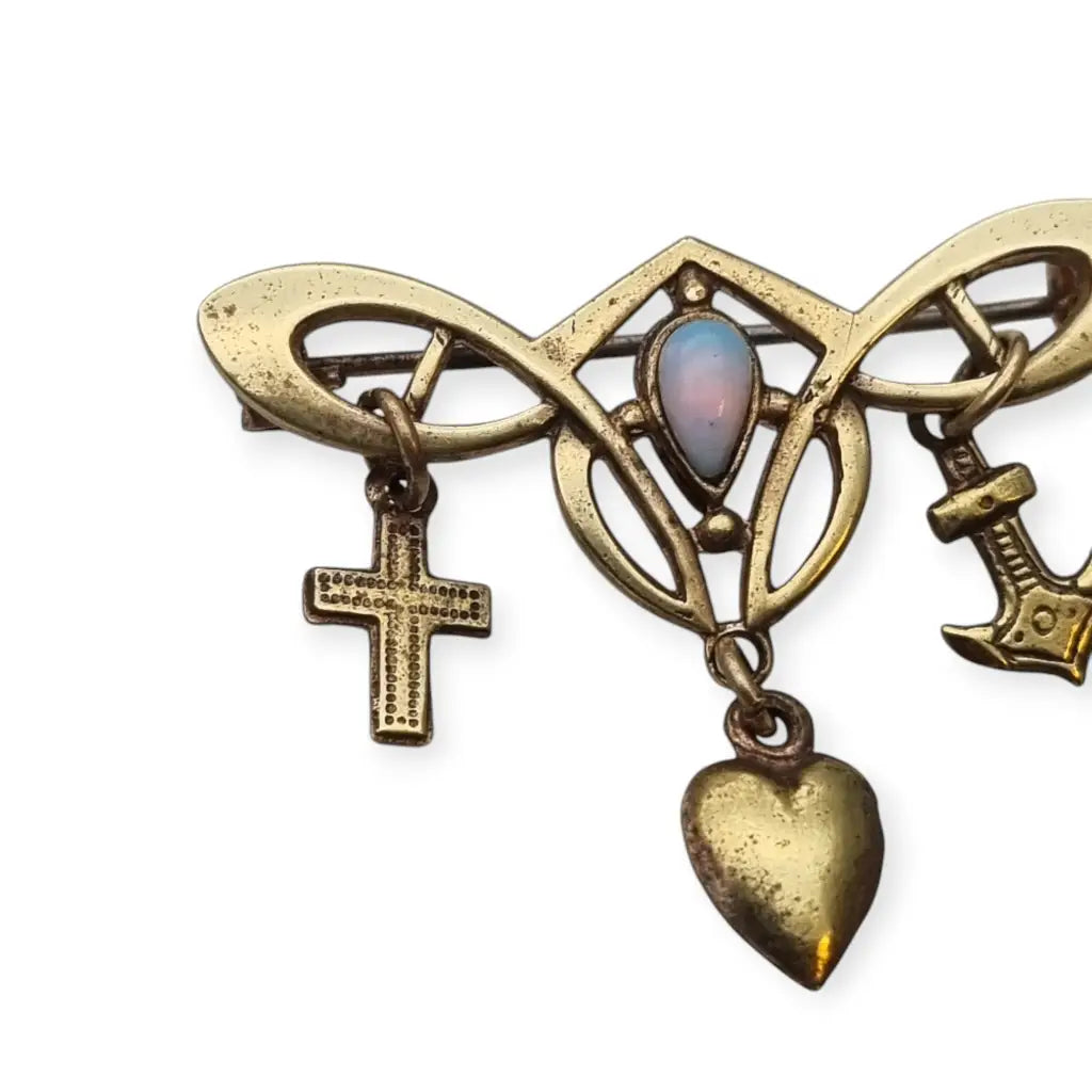 Broche Art Nouveau Cruz Ancla y Corazón para Fe Esperanza Amor con Ópalo