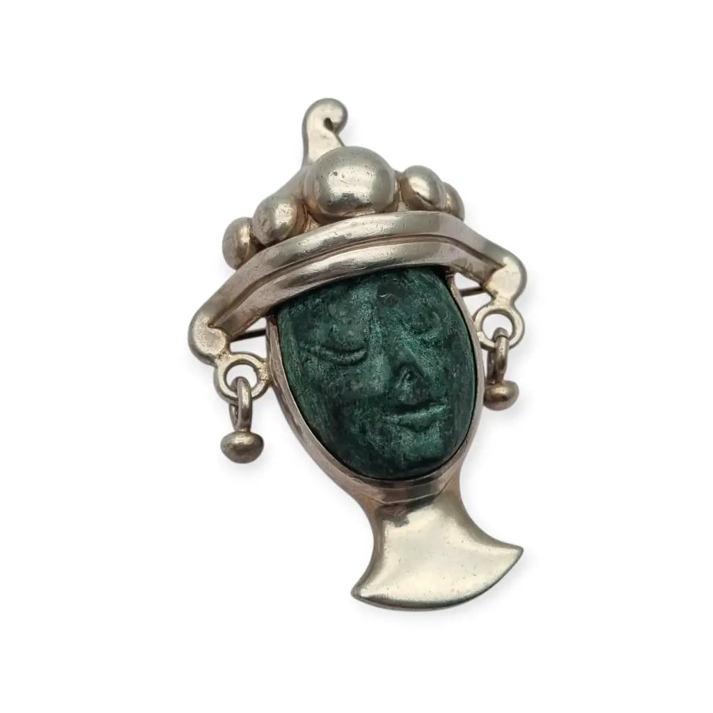 Broche colgante Cara vintage mexicano en plata 925 y piedra tallada Taxco CPC