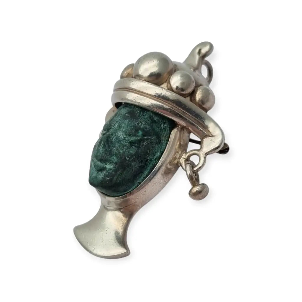Broche colgante Cara vintage mexicano en plata 925 y piedra tallada Taxco CPC