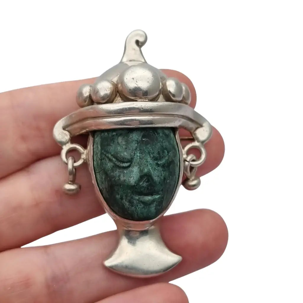 Broche colgante Cara vintage mexicano en plata 925 y piedra tallada Taxco CPC