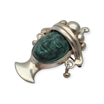 Broche colgante Cara vintage mexicano en plata 925 y piedra tallada Taxco CPC
