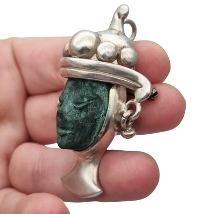 Broche colgante Cara vintage mexicano en plata 925 y piedra tallada Taxco CPC