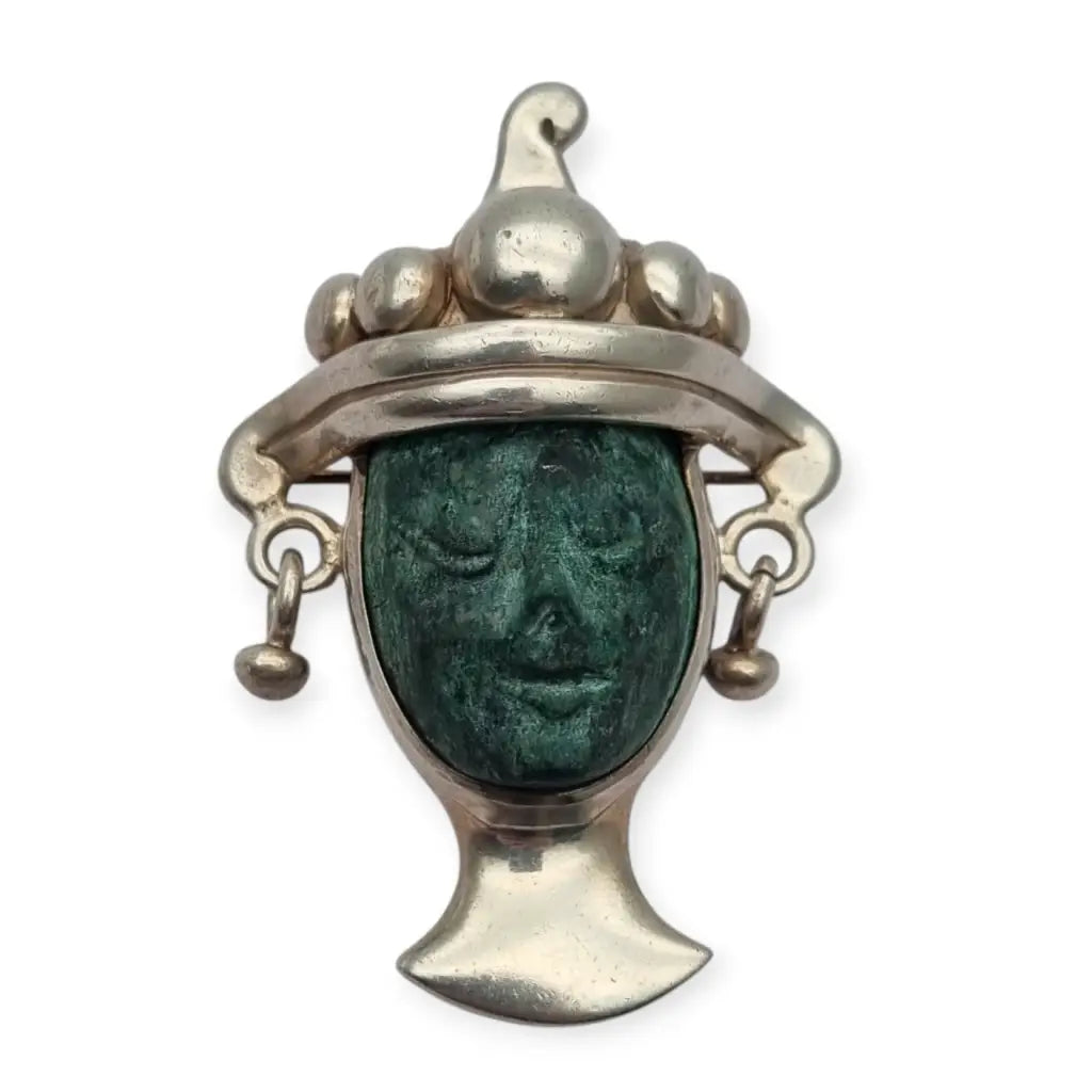 Broche colgante Cara vintage mexicano en plata 925 y piedra tallada Taxco CPC