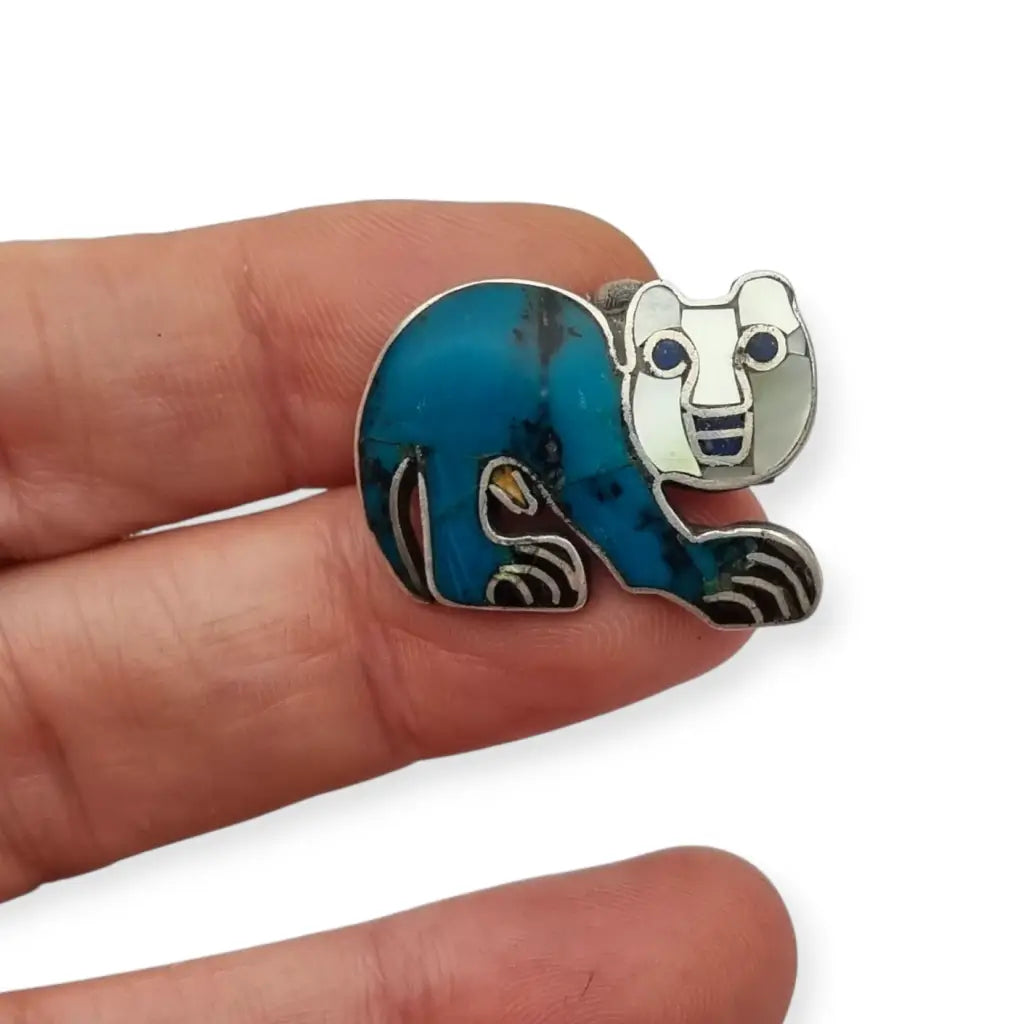 Broche y colgante de gato mexicano antiguo plata 950 con felino turquesa