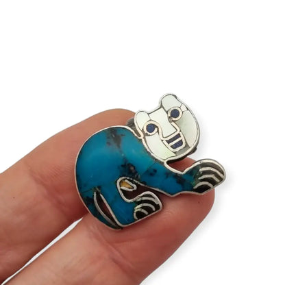 Broche y colgante de gato mexicano antiguo plata 950 con felino turquesa