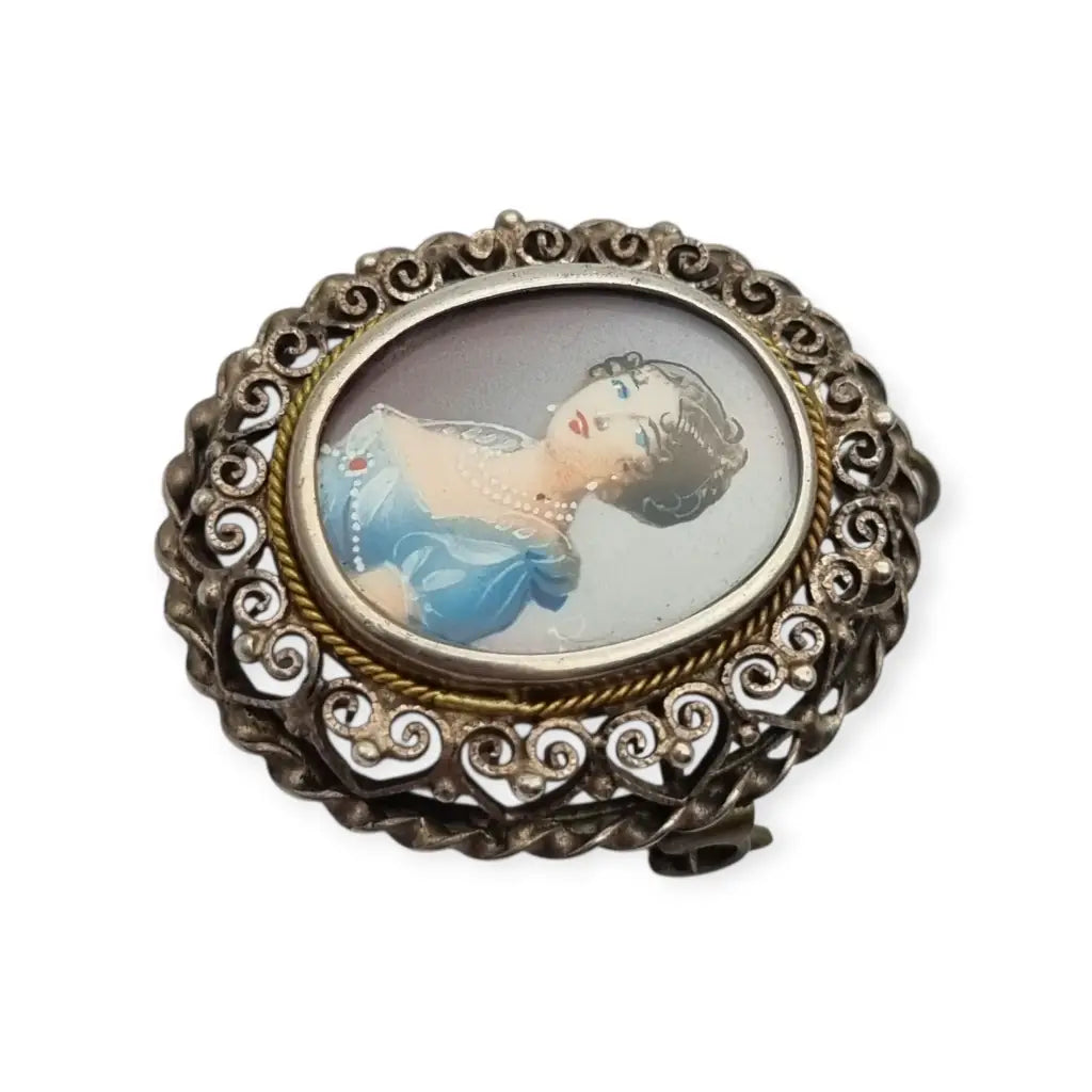 Broche colgante de miniatura antigua plata con retrato mujer pintado años