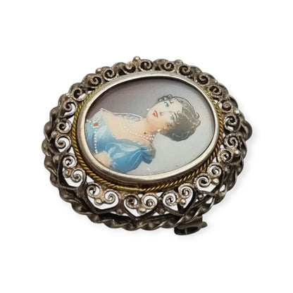 Broche colgante de miniatura antigua plata con retrato mujer pintado años