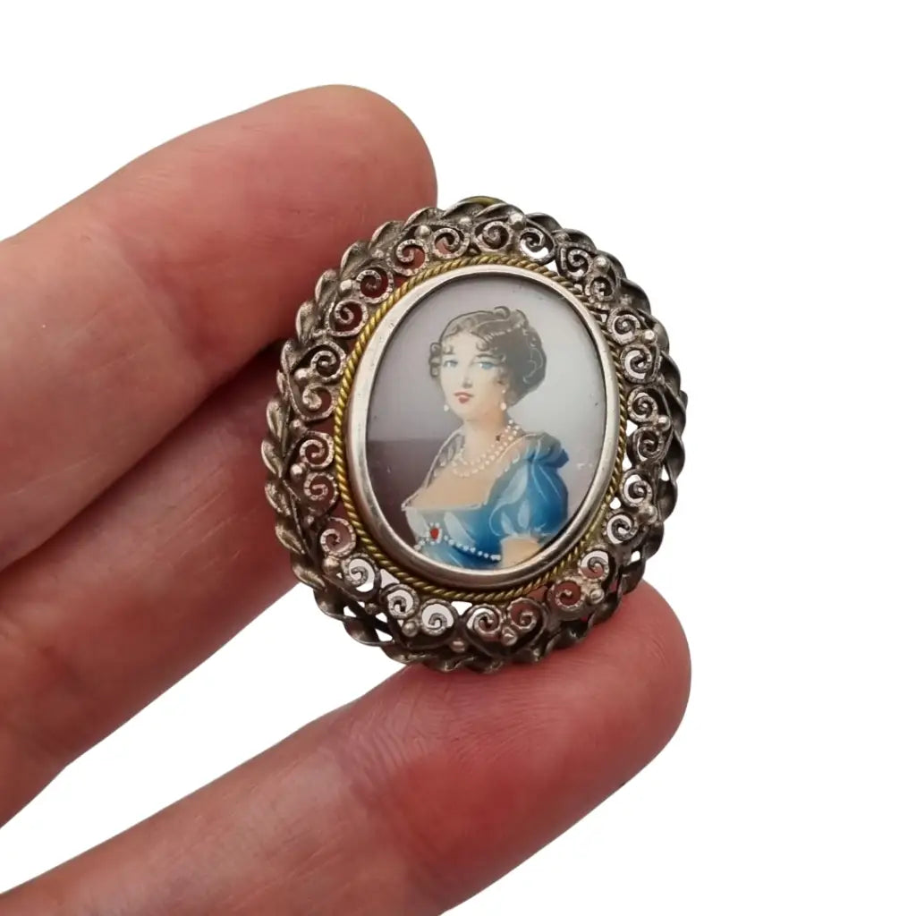 Broche colgante de miniatura antigua plata con retrato mujer pintado años