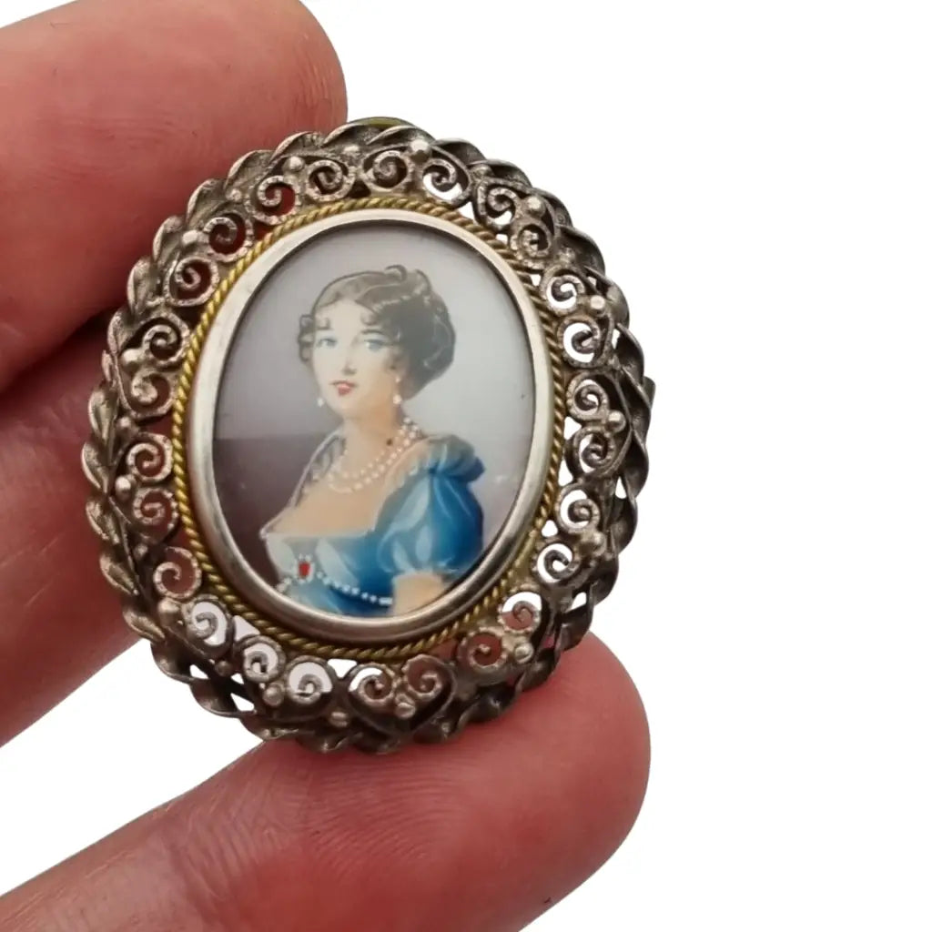 Broche colgante de miniatura antigua plata con retrato mujer pintado años