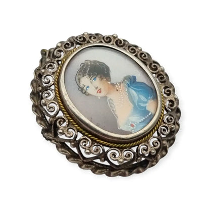 Broche colgante de miniatura antigua plata con retrato mujer pintado años