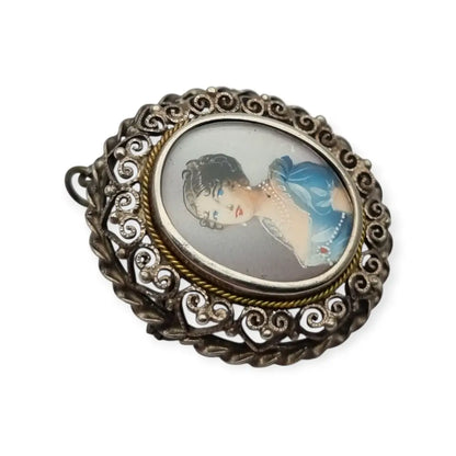Broche colgante de miniatura antigua plata con retrato mujer pintado años